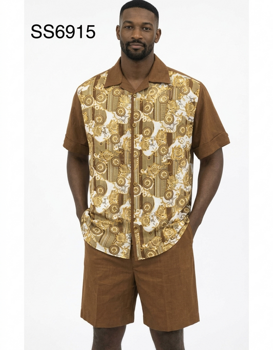 Men’s Brown Baroque Print Short Set – 2 Piece Casual Summer Outfit
