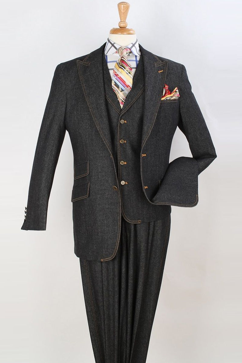 Apollo King "Black Denim Vested Suit for Men - Two Button Peak Lapel"