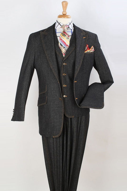 Apollo King "Black Denim Vested Suit for Men - Two Button Peak Lapel"
