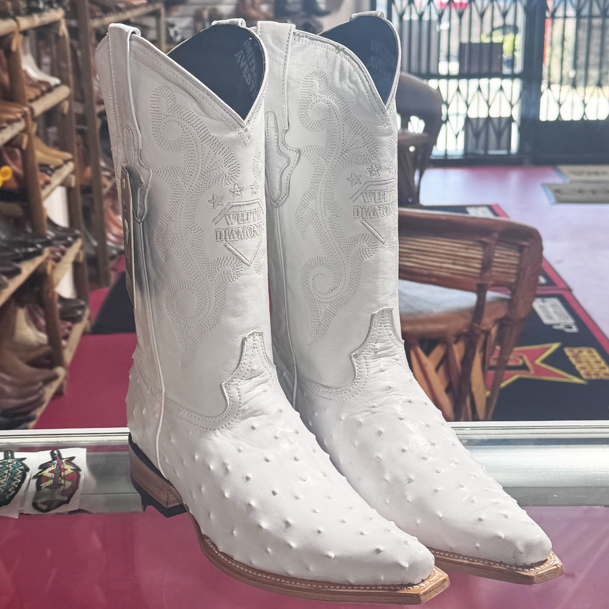Mens White Diamond Boot White Ostrich Print Western Boots Pointy Toe Pointed Toe