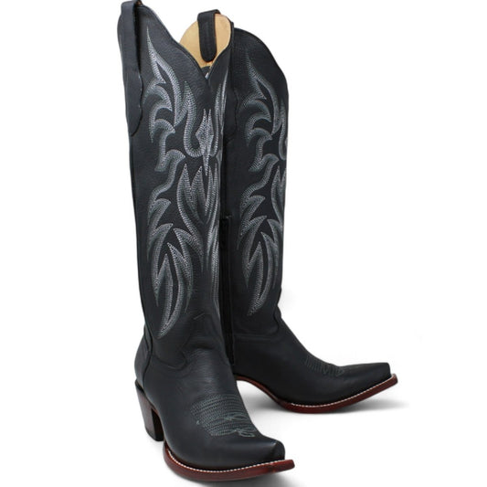 Women's Wild West Snip Toe Leather Boots with Zipper - Black