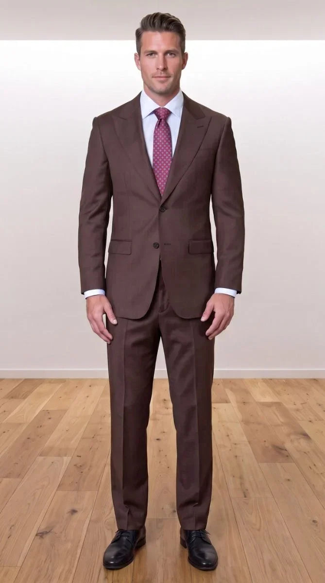 Statement Men's 2 Piece 100% Super 200 Wool Modern Fit Suit - Pic Stitching Peak Lapel Two Buttons in Color Brown